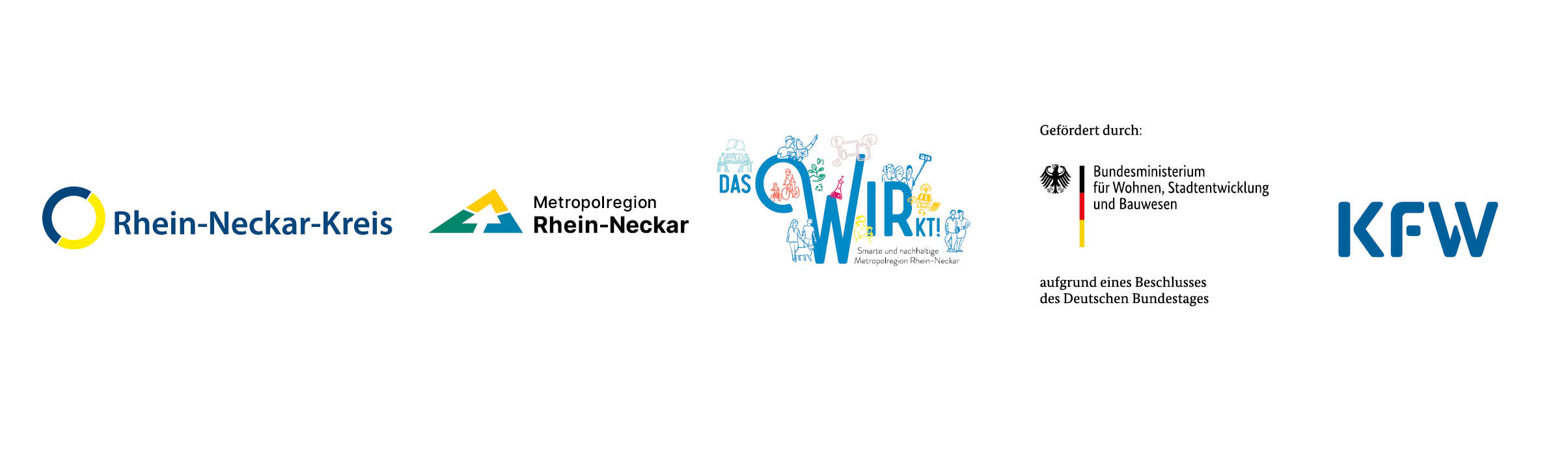 Logos von RNK, MRN, Das Wir Wirkt, dem Bundesministerium für Wohnen, Stadtentwicklung und Bauwesen und der KFW